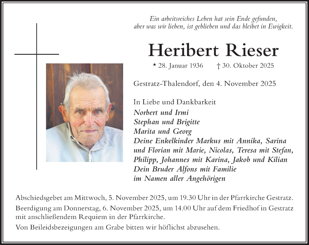  Traueranzeige für Heribert Rieser vom 04.11.2025 aus Der Westallgäuer