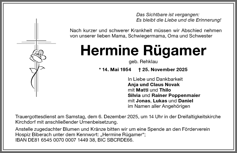  Traueranzeige für Hermine Rügamer vom 29.11.2025 aus Memminger Zeitung