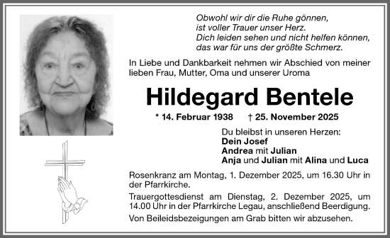 Traueranzeige von Hildegard Bentele von Memminger Zeitung