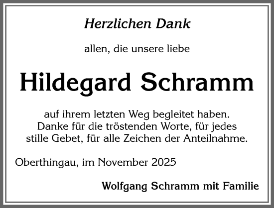Traueranzeige von Hildegard Schramm von Allgäuer Zeitung, Marktoberdorf