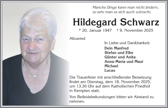Traueranzeige von Hildegard Schwarz von Allgäuer Zeitung,Kempten