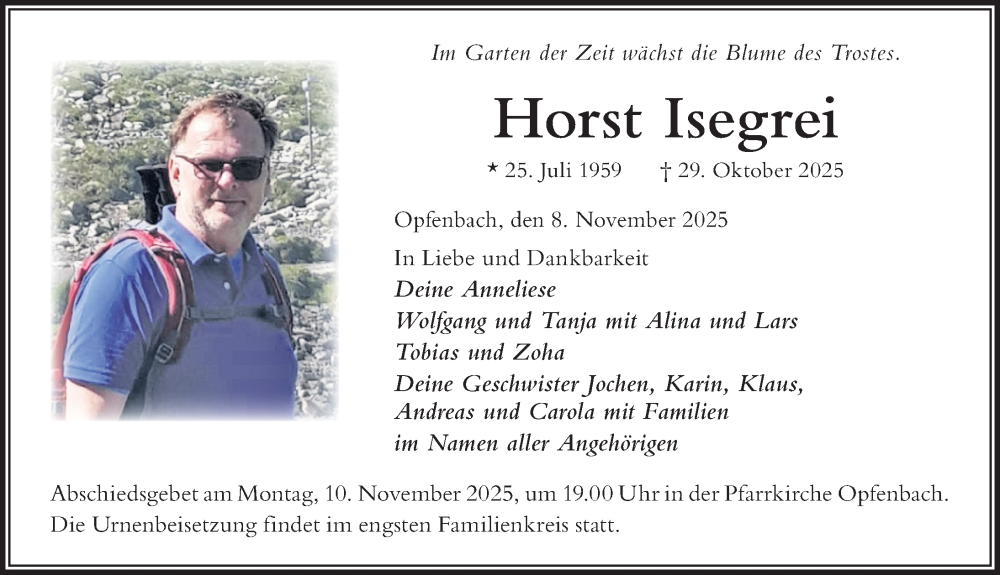  Traueranzeige für Horst Isegrei vom 08.11.2025 aus Der Westallgäuer