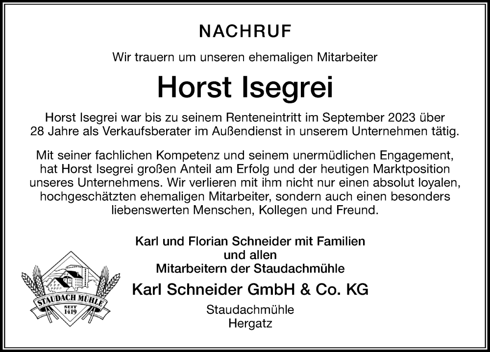  Traueranzeige für Horst Isegrei vom 15.11.2025 aus Der Westallgäuer