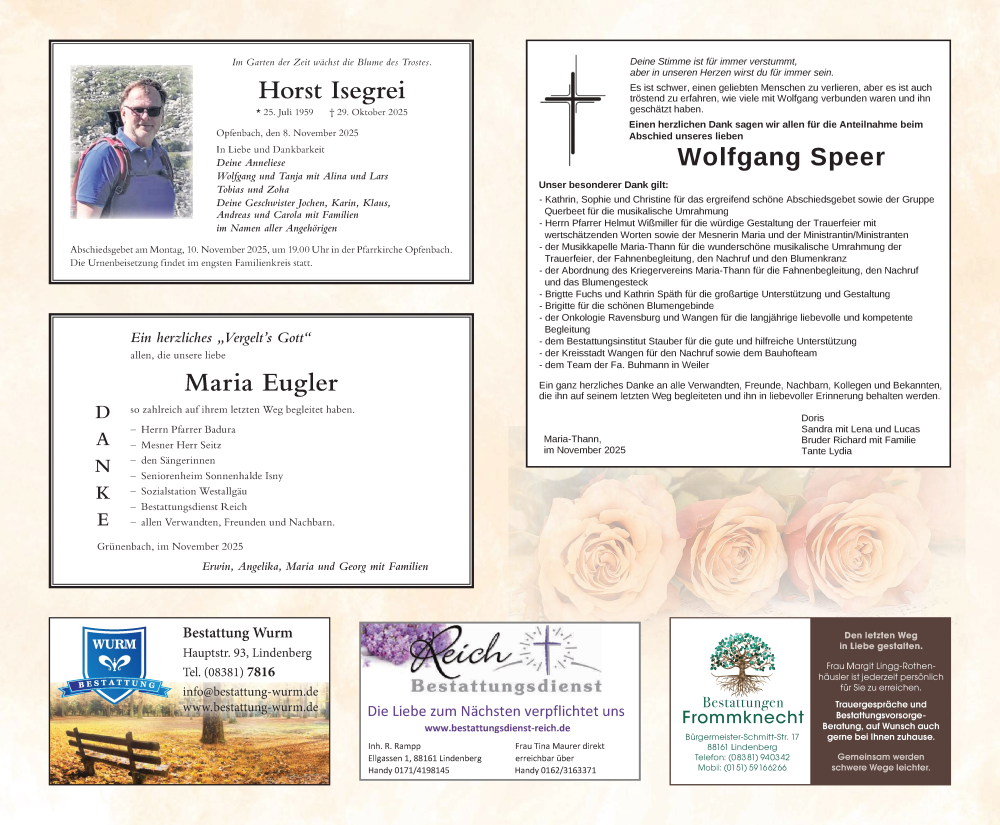  Traueranzeige für Horst Isegrei vom 08.11.2025 aus Der Westallgäuer