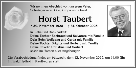 Traueranzeige von Horst Taubert von Allgäuer Zeitung, Kaufbeuren/Buchloe
