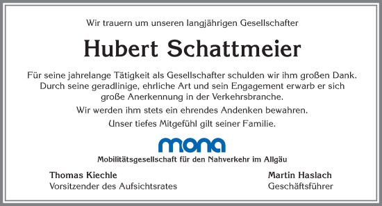 Traueranzeige von Hubert Schattmeier von Allgäuer Zeitung,Kempten
