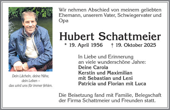 Traueranzeige von Hubert Schattmeier von Allgäuer Zeitung,Kempten