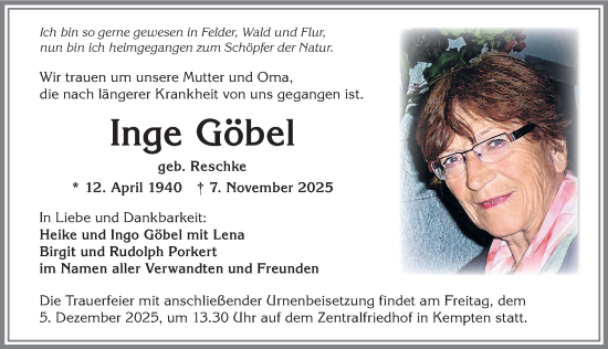 Traueranzeige von Inge Göbel von Allgäuer Zeitung,Kempten