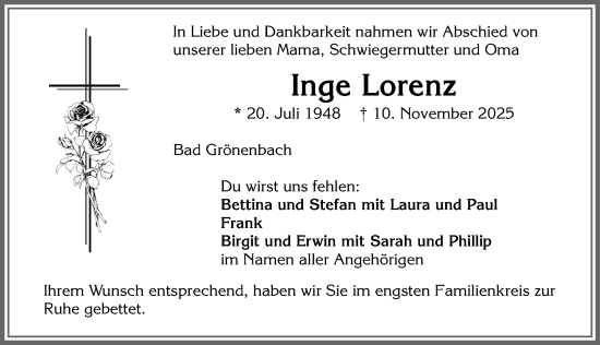 Traueranzeige von Inge Lorenz von Memminger Zeitung
