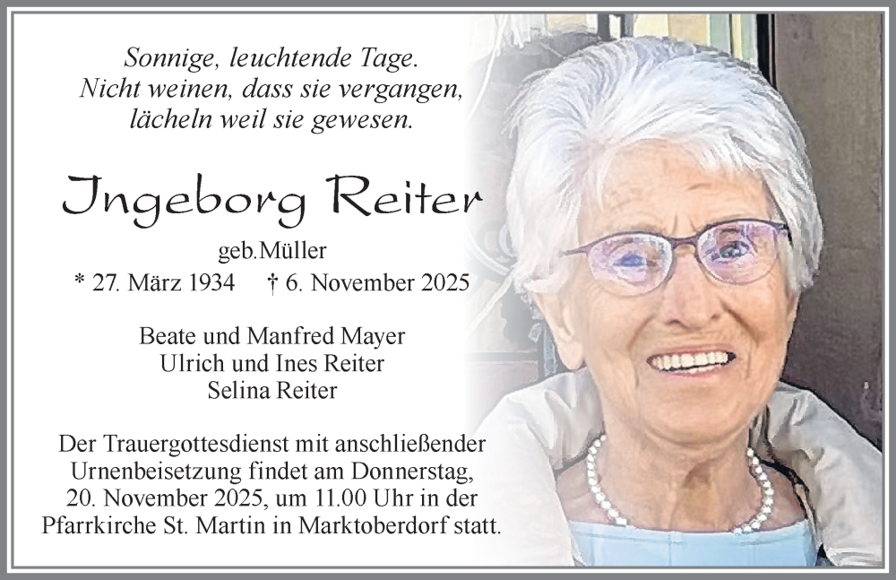  Traueranzeige für Ingeborg Reiter vom 15.11.2025 aus Allgäuer Zeitung, Marktoberdorf