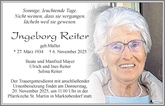 Traueranzeige von Ingeborg Reiter von Allgäuer Zeitung, Marktoberdorf