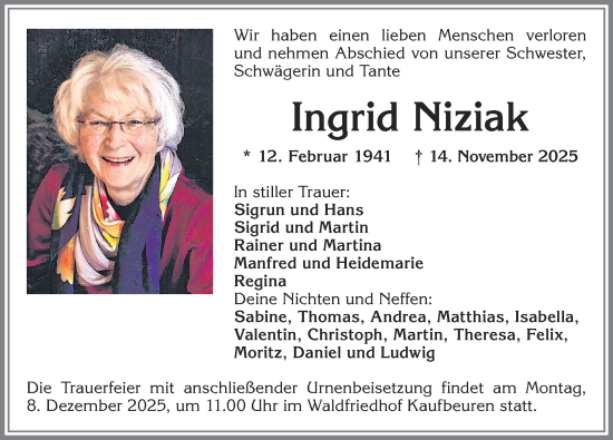 Traueranzeige von Ingrid Niziak von Allgäuer Zeitung, Kaufbeuren/Buchloe