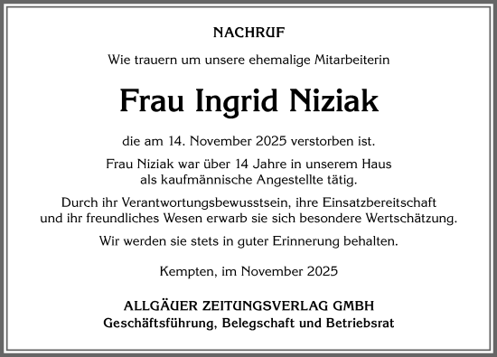 Traueranzeige von Ingrid Niziak von Allgäuer Zeitung, Kaufbeuren/Buchloe