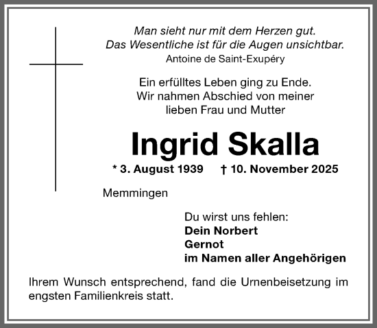 Traueranzeige von Ingrid Skalla von Memminger Zeitung