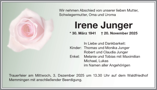 Traueranzeige von Irene Junger von Memminger Zeitung