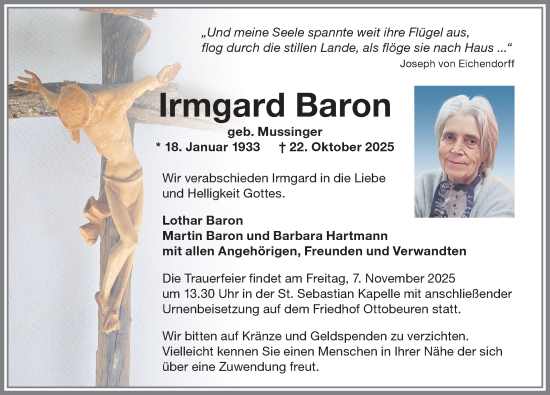 Traueranzeige von Irmgard Baron von Memminger Zeitung
