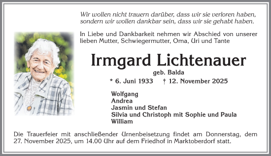 Traueranzeige von Irmgard Lichtenauer von Allgäuer Zeitung, Marktoberdorf