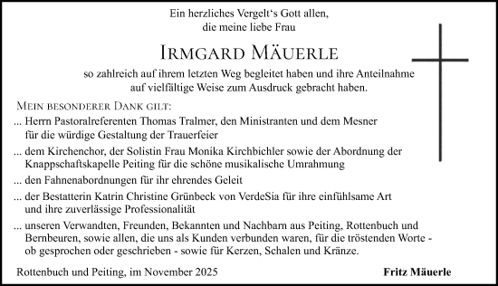Traueranzeige von Irmgard Mäuerle von Allgäuer Zeitung, Füssen