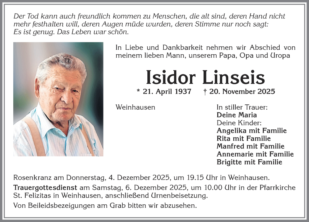  Traueranzeige für Isidor Linseis vom 29.11.2025 aus Allgäuer Zeitung, Kaufbeuren/Buchloe