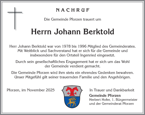 Traueranzeige von Johann Berktold von Allgäuer Zeitung, Kaufbeuren/Buchloe