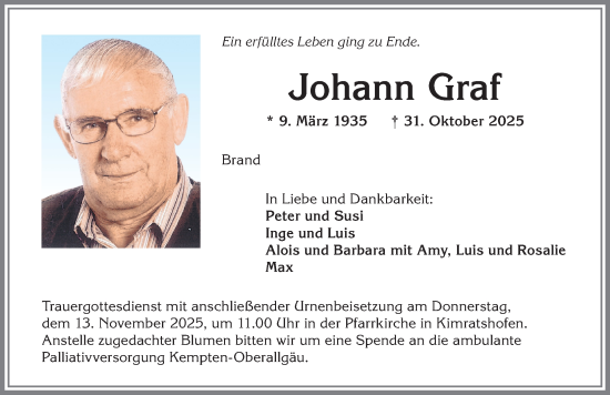 Traueranzeige von Johann Graf von Allgäuer Zeitung,Kempten