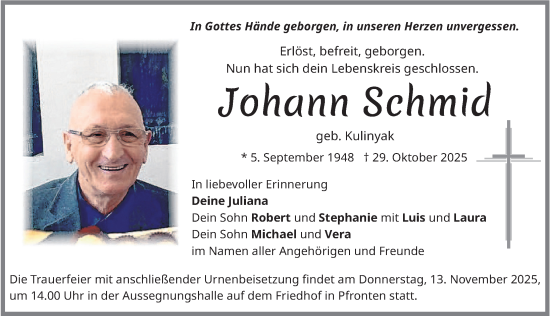 Traueranzeige von Johann Schmid von Allgäuer Zeitung, Füssen