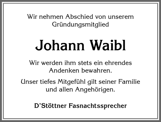 Traueranzeige von Johann Waibl von Allgäuer Zeitung, Marktoberdorf