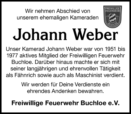 Traueranzeige von Johann Weber von Allgäuer Zeitung, Kaufbeuren/Buchloe