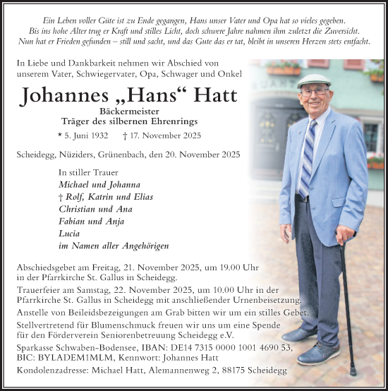 Traueranzeige von Johannes Hatt von Der Westallgäuer
