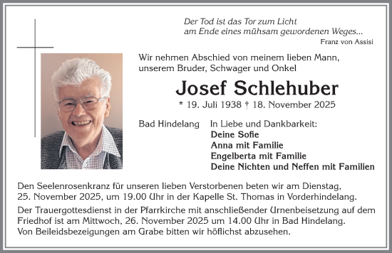 Traueranzeige von Josef Schlehuber von Allgäuer Anzeigeblatt