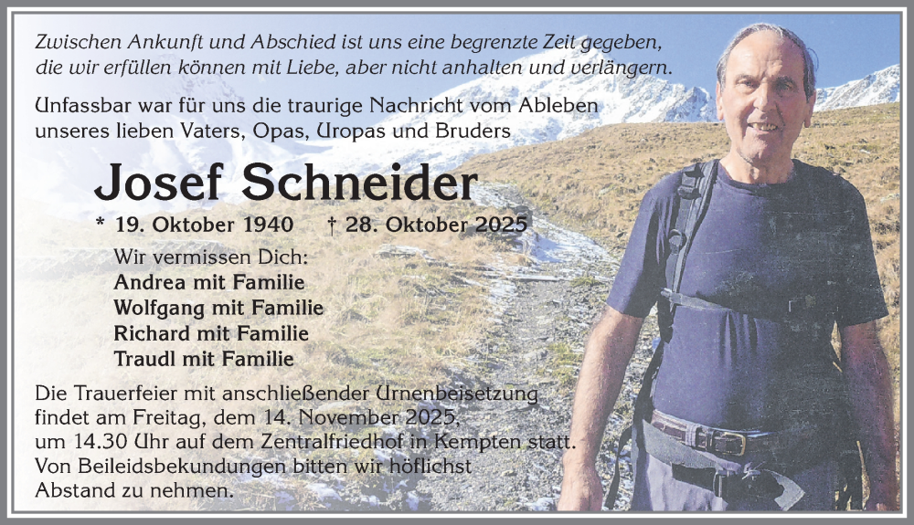  Traueranzeige für Josef Schneider vom 08.11.2025 aus Allgäuer Zeitung,Kempten