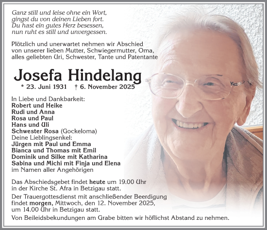 Traueranzeige von Josefa Hindelang von Allgäuer Zeitung,Kempten