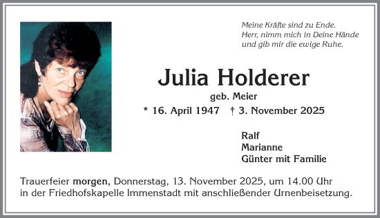 Traueranzeige von Julia Holderer von Allgäuer Anzeigeblatt