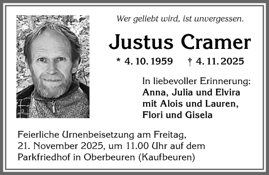 Traueranzeige von Justus Cramer von Allgäuer Zeitung, Kaufbeuren/Buchloe