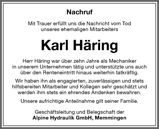 Traueranzeige von Karl Häring von Memminger Zeitung