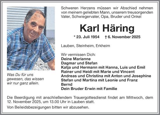 Traueranzeige von Karl Häring von Memminger Zeitung