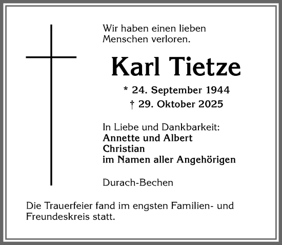Traueranzeige von Karl Tietze von Allgäuer Zeitung,Kempten