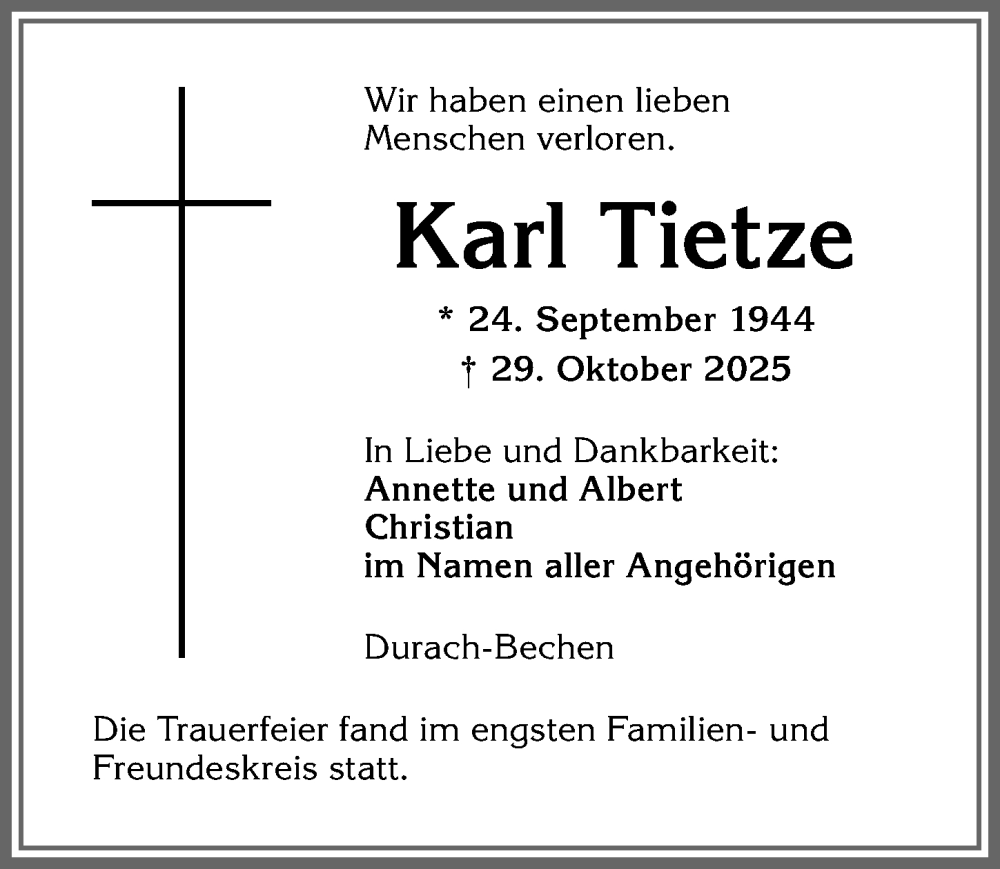  Traueranzeige für Karl Tietze vom 15.11.2025 aus Allgäuer Zeitung,Kempten