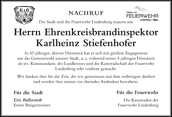 Traueranzeige von Karlheinz Stiefenhofer von Der Westallgäuer