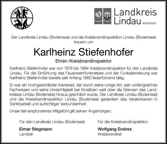 Traueranzeige von Karlheinz Stiefenhofer von Der Westallgäuer