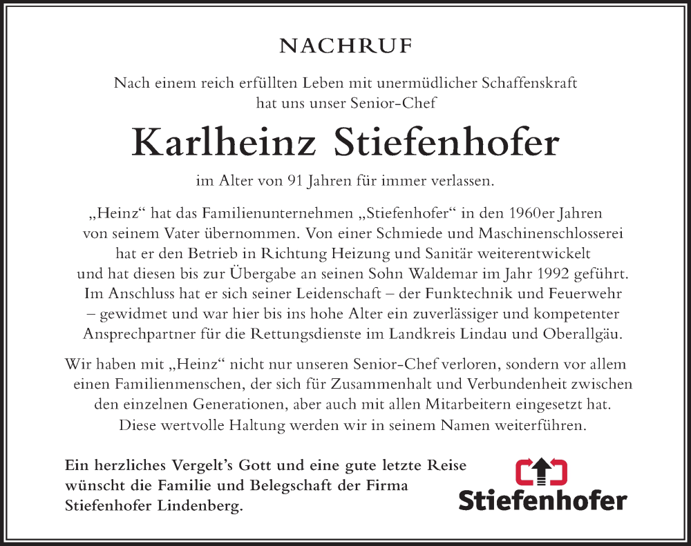 Traueranzeige für Karlheinz Stiefenhofer vom 15.11.2025 aus Der Westallgäuer