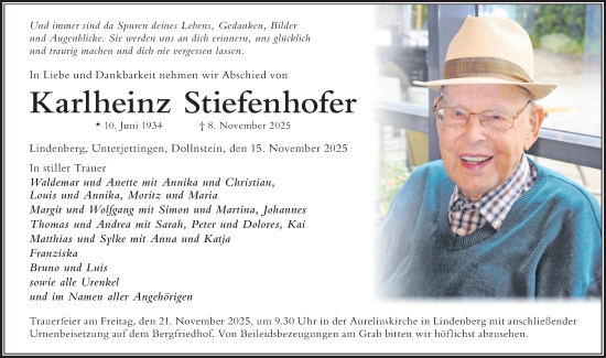 Traueranzeige von Karlheinz Stiefenhofer von Der Westallgäuer