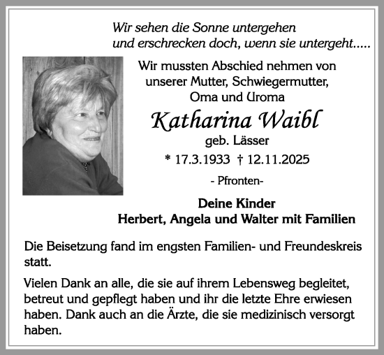 Traueranzeige von Katharina Waibl von Allgäuer Zeitung, Füssen