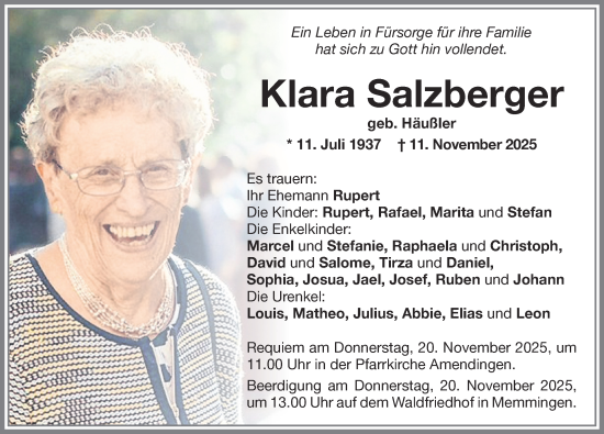 Traueranzeige von Klara Salzberger von Memminger Zeitung