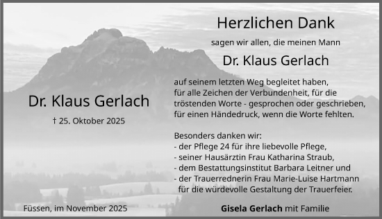 Traueranzeige von Klaus Gerlach von Allgäuer Zeitung, Füssen