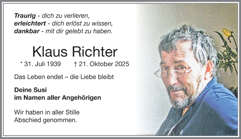  Traueranzeige für Klaus Richter vom 15.11.2025 aus Allgäuer Zeitung,Kempten