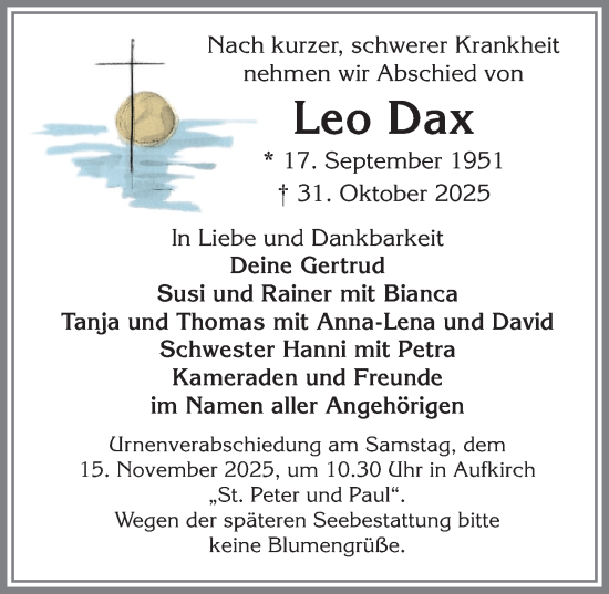 Traueranzeige von Leo Dax von Allgäuer Zeitung, Kaufbeuren/Buchloe