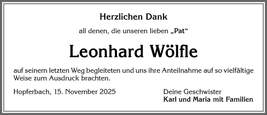 Traueranzeige von Leonhard Wölfle von Allgäuer Zeitung, Marktoberdorf