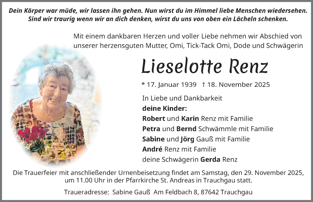  Traueranzeige für Lieselotte Renz vom 25.11.2025 aus Allgäuer Zeitung, Füssen