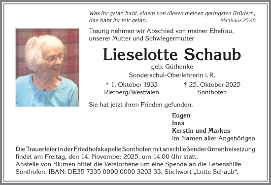 Traueranzeige von Lieselotte Schaub von Allgäuer Anzeigeblatt